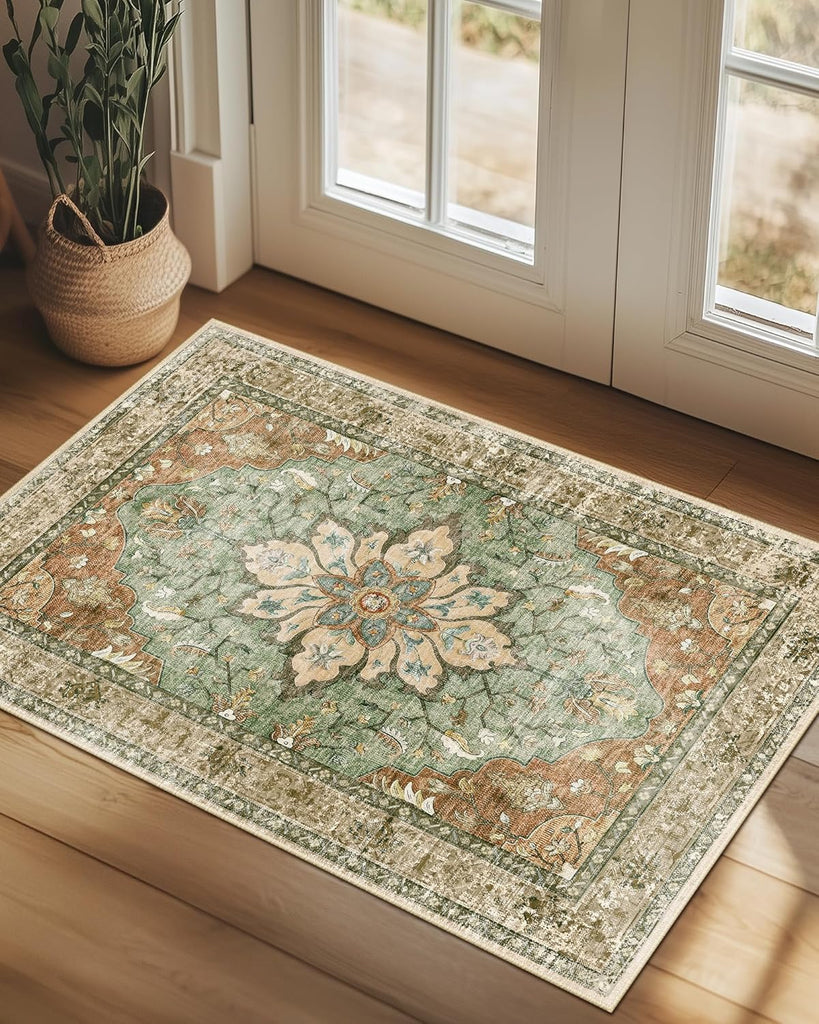 Area Rugs Washable Non-Slip, Floral Vintage Distress Print Pattern Medallion Carpet for Living Room Bedroom Dining Room
