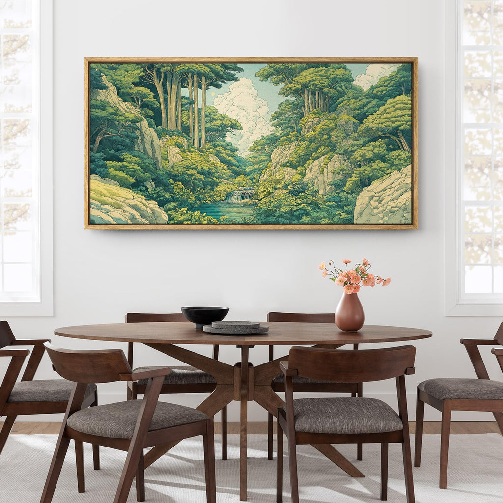 Extra Large Framed Canvas Print Wall Art Japanese Ukiyo-E Style Forest Landscape Green Illustrations Modern Art
