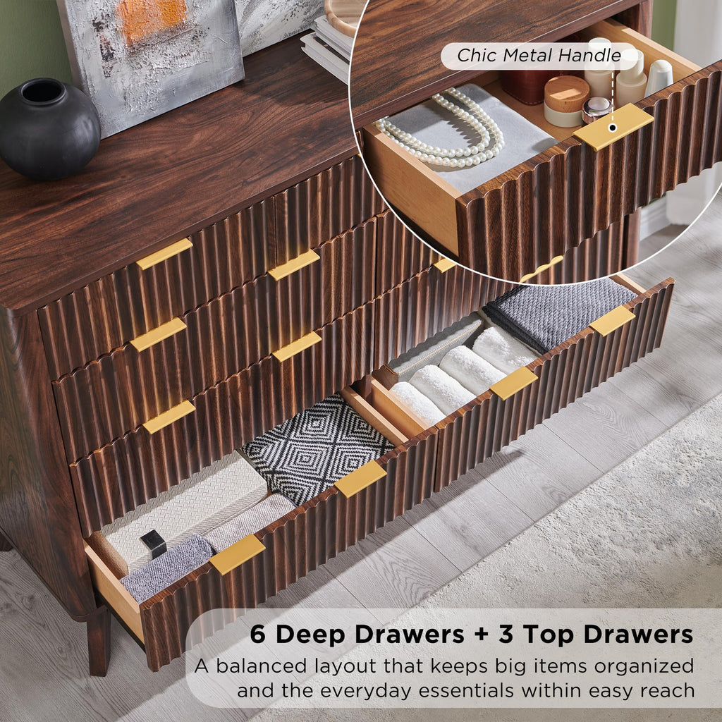 54" Wide Fluted 9 Drawer Dresser, Dark Walnut