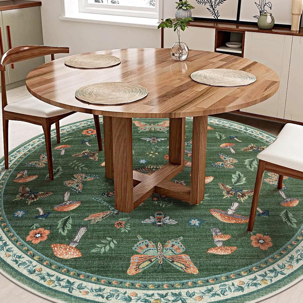 Mushroom Insect 8ft Round Rug Washable Non-Slip Soft Ultra-Thin Large Boho Circle Carpet for Entrywa
