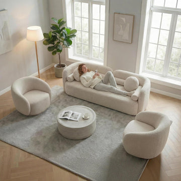 Beige Curved Back Sofa Set of 3, 5 Seater, Solid Wood Frame, Boucle Fabric