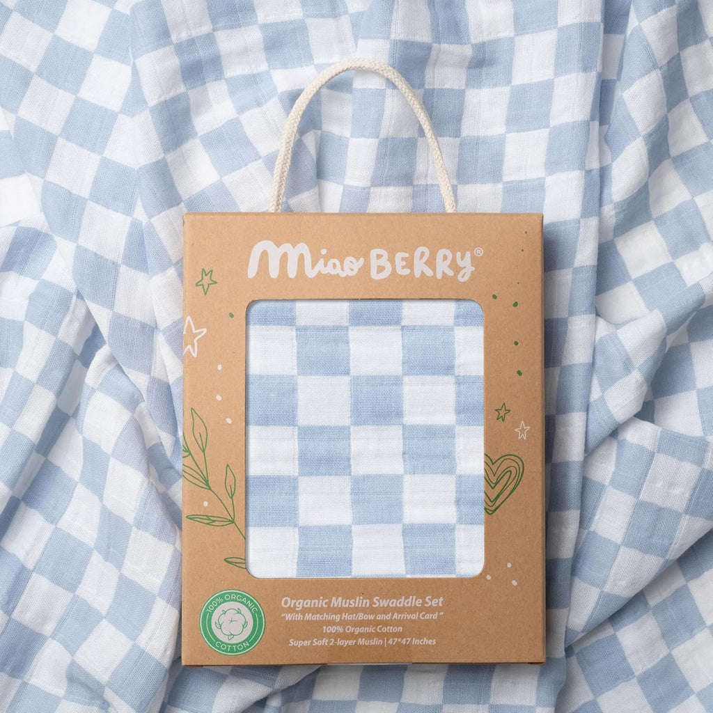 Checkered Muslin Swaddle Set, 100% Organic Cotton, Mist Blue,Checkerboard, Gender-Neutral, with Matching Bow, hat