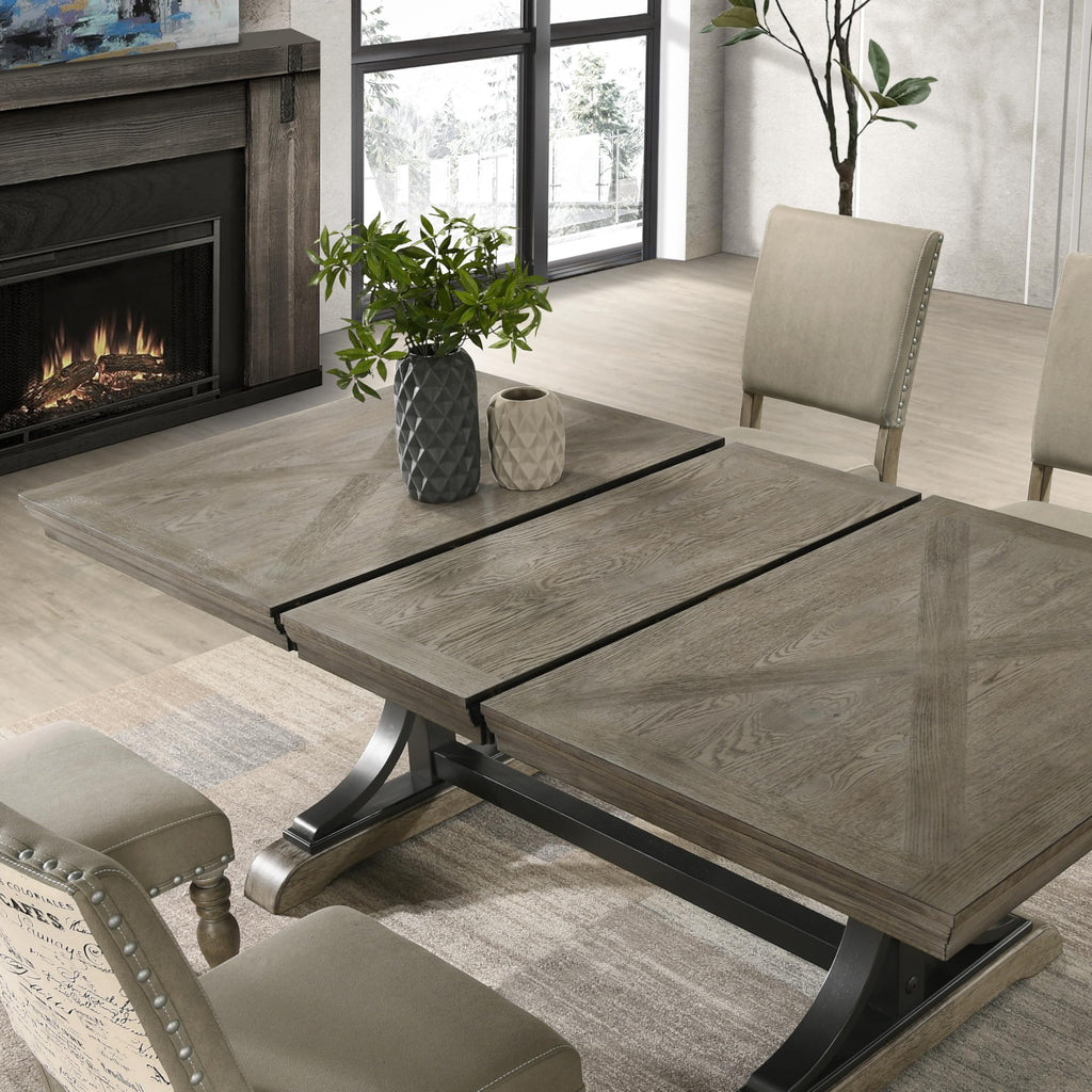 Birmingham 8-Piece Dining Set: Extendable Table with 4 Side Chairs, 2 Armchairs, and a Nailhead Bench, Driftwood