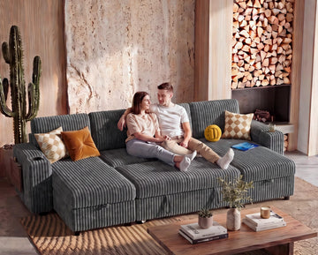 108" Modular Sectional Sleeper Sofa with Pull Out Bed, 4 Seat Plush Corduroy U Shaped Couch with USB Ports|Cup