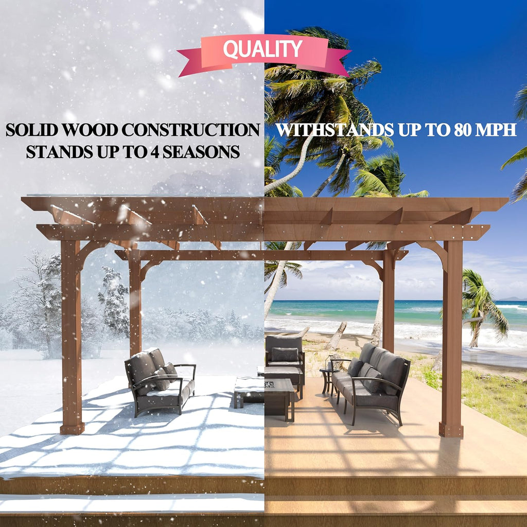 10x12 FT Wooden Pergola, Cedar Wood Gazebo with Flat Roof, O - Image 7