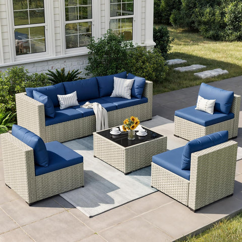 Patio Furniture Set, 7-Piece Outdoor Sectional All-Weather Wicker Patio Conversation Set for Backyard (Navy Blue