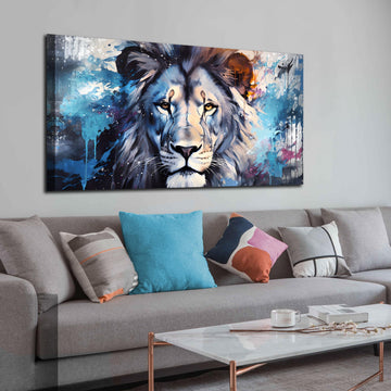Lion Canvas Wall Art, Blue Print Painting, Animal Picture Decor, Large Size 48x24 Inches