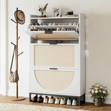 Flip Drawer Shoe Cabinet, Slim Narrow Entryway Storage Furniture with Hidden Flip-Open Organizer, Engineered Wood &