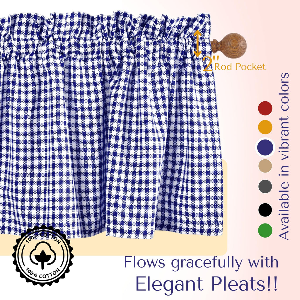 Gingham Checkered 2 Pack Window Curtain Valance Set - Rod Pocket - Semi Sheer - Farmhouse Small Curtain - 54"x18"