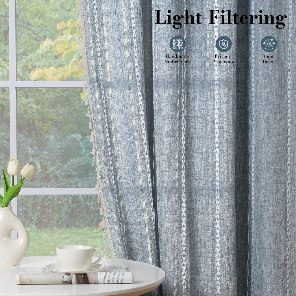 Blue Boho Curtains Linen-Textured Bedroom Light Filtering 2 Panels 63 Inch Farmhouse Embroidered Striped Curtains &