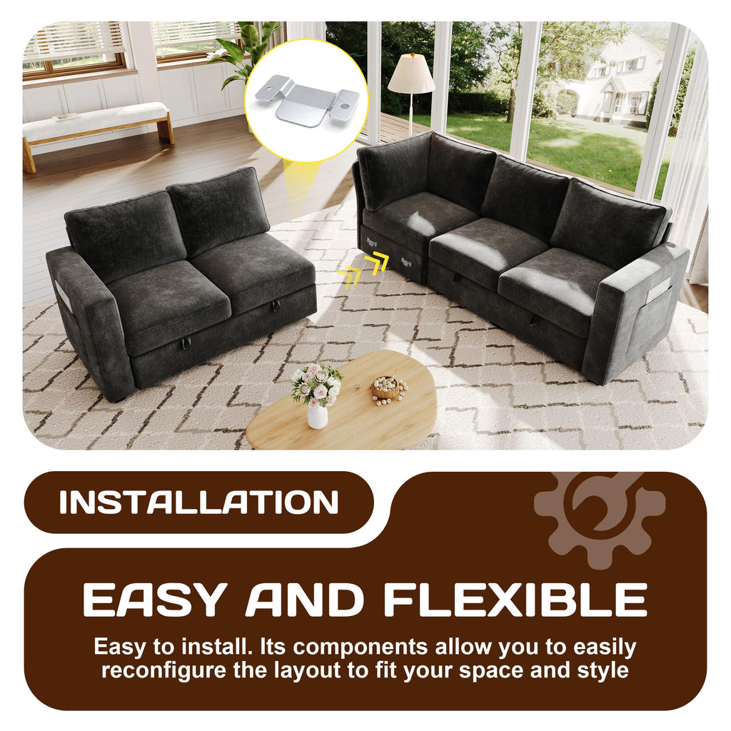 Sectional Sleeper Sofa, Pull Out Couch with Storage, Charcoal Gray, 5 Seat