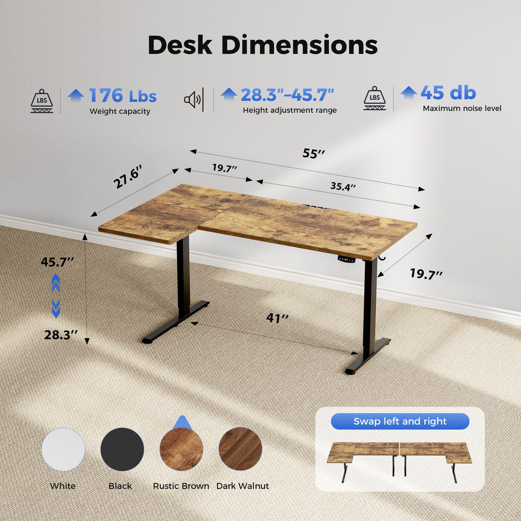 55 * 28 Inch Reversible L Shaped Electric Standing Desk, Brown