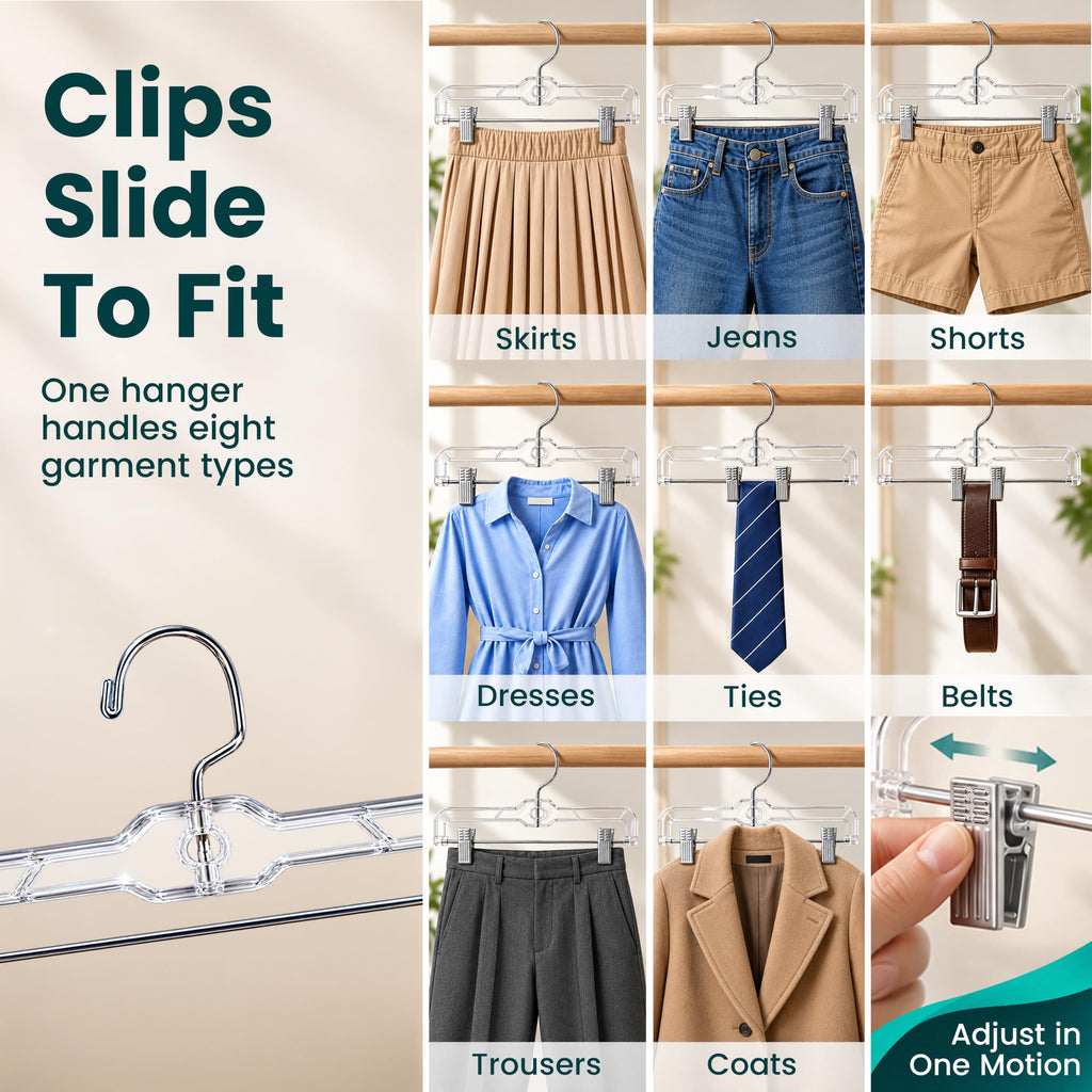 14 Inch Clear Pants Hangers with Clips, Skirt Hangers (25 Pack)