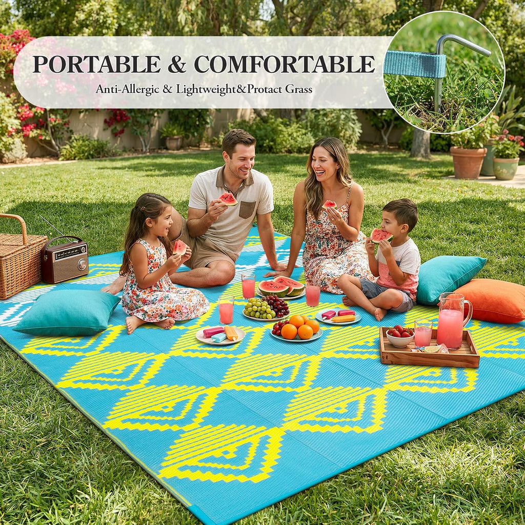 Outdoor Rug Waterproof, Reversible Outdoor Patio Rug for Backyard, Deck, Blue Yellow