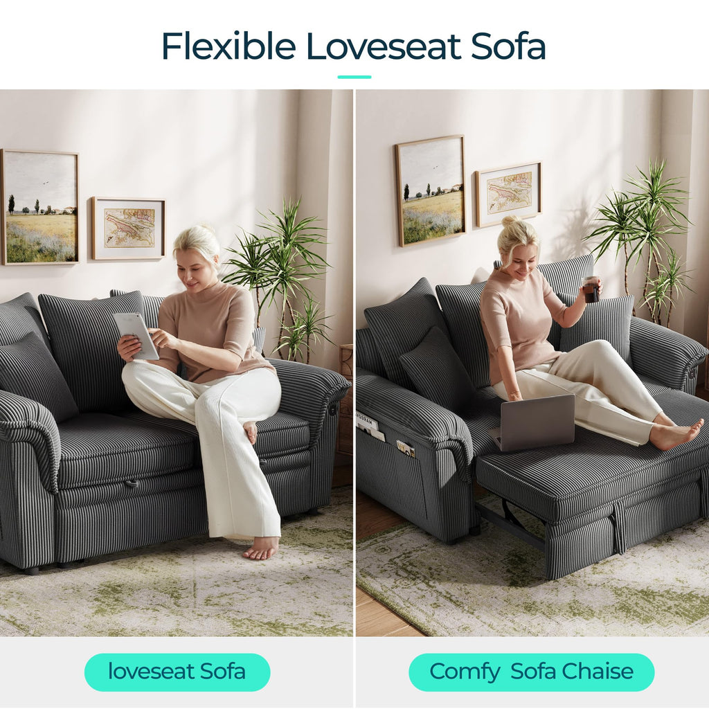 Sectional Couch with Pull Out Bed, Large Corduroy Modular Loveseat Sleeper Sofa, Wide Armrest, 62" 2 Seats Sectional