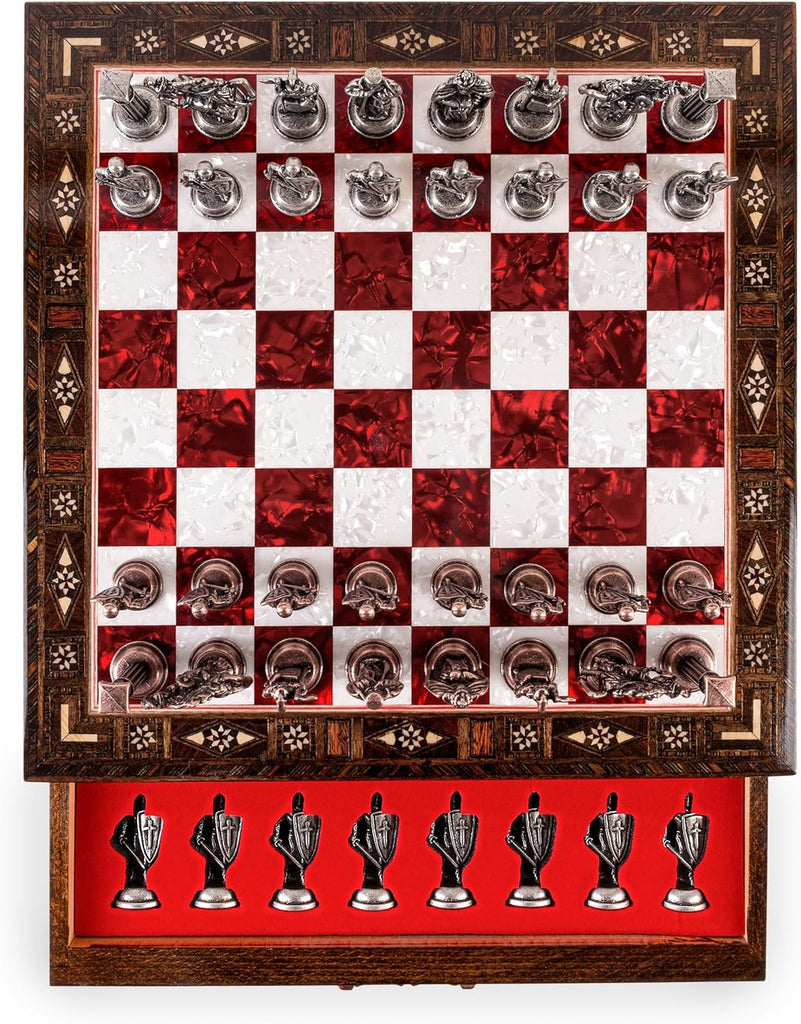15-Inch Handmade Wooden Chess Set, Metal Pieces & Storage, Red