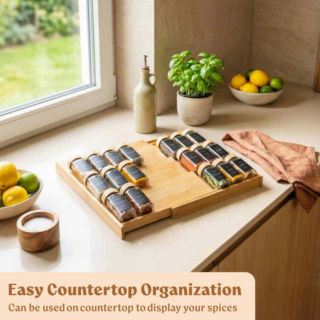 Bamboo Spice Drawer Organizer, Expandable 4 Tier Spice Rack