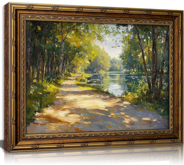 Vintage Gold Framed Canvas Wall Art Sunshine Forest Impressionist Landscape Painting Picture Wall Decor Spring Summer