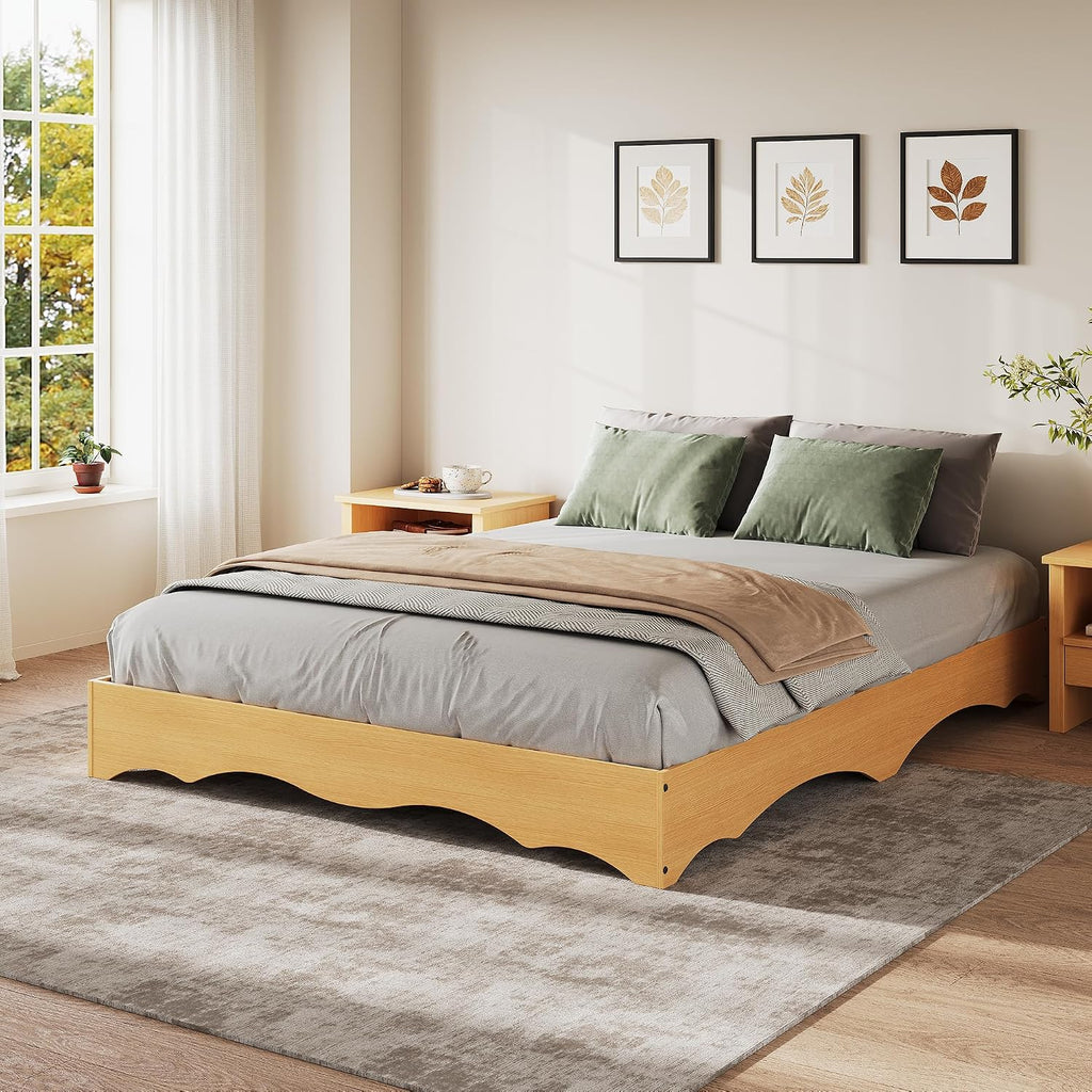 Wood Platform Bed Frame with Wave Edge, Low Profile Bed Frame