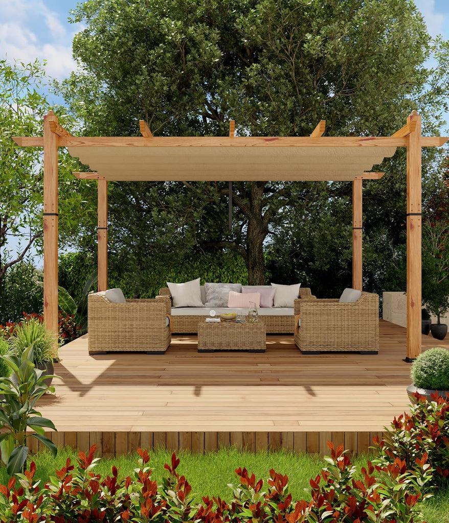 10 x 13 ft Wood-Grain Aluminum Pergola Outdoor Pergola with Retractable Canopy Sun Shade Shelter for Garden