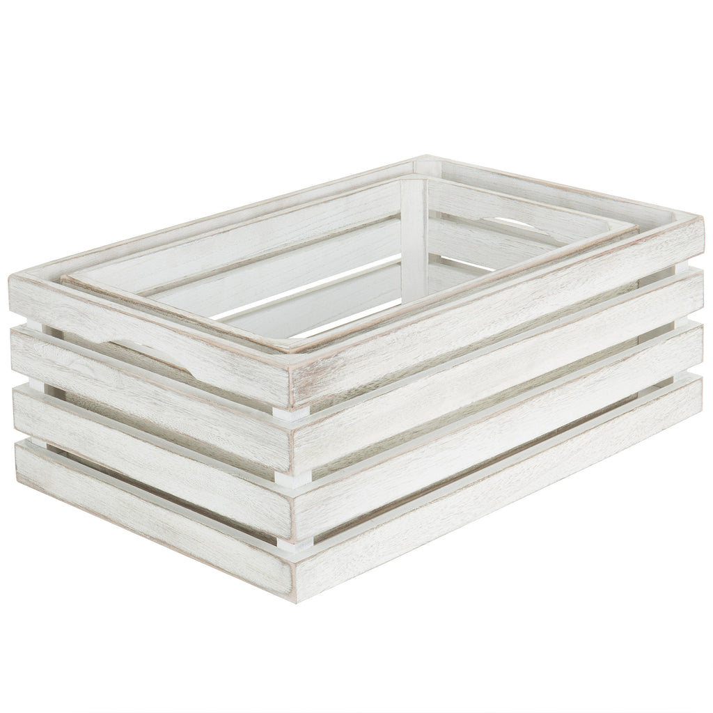 16 and 14 Inch Shabby White Washed Solid Wood Nesting Decorative Storage Crates, Vintage Farmhouse Wooden Stackable