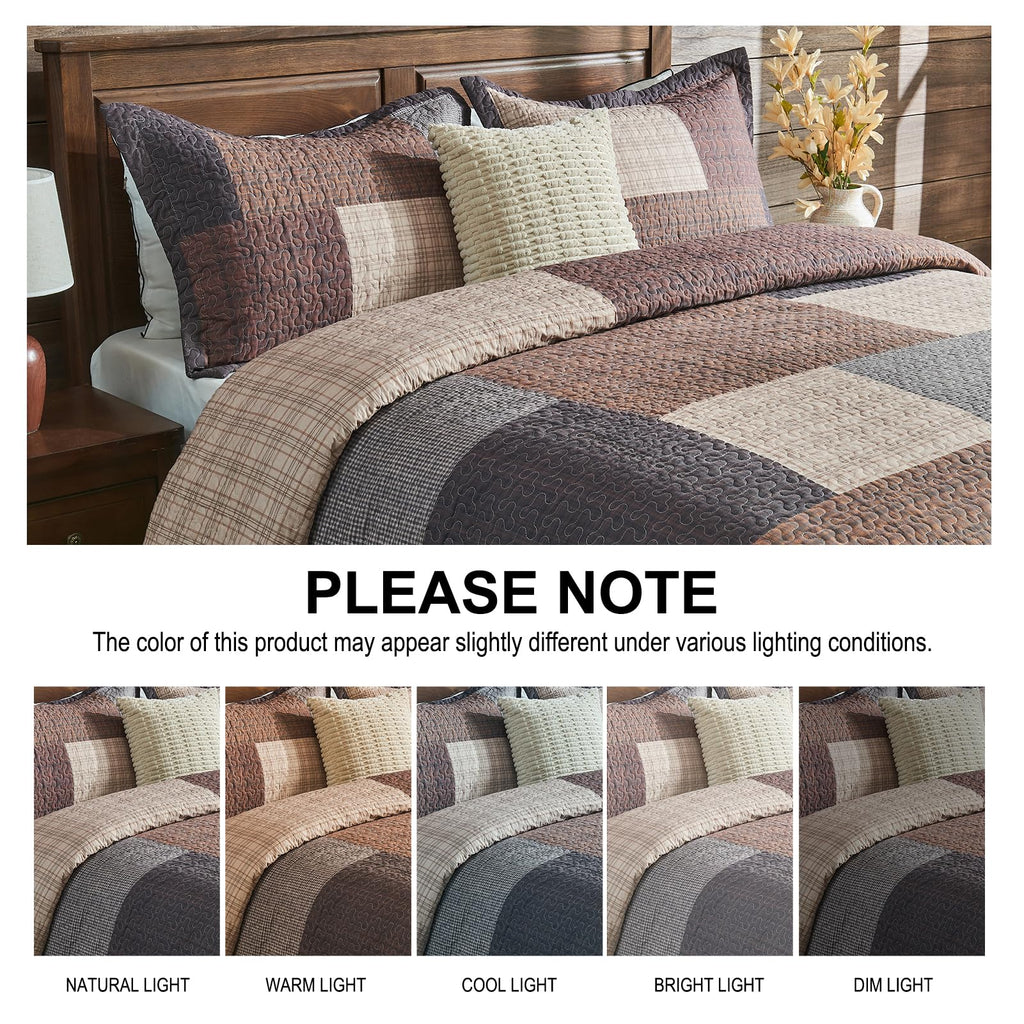 100% Cotton Quilt Set, Farmhouse Plaid Quilted Bedspread, Brown Lightweight Reversible Comforter Bedding