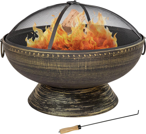 30-Inch Large Outdoor Fire Pit - Wood Burning Fire Pit for Outside with Poker and Screen - Black Finish - Regal Cauldron