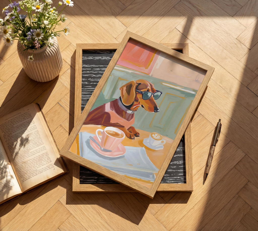 Framed Dachshund Wall Art Funny Dog with Sunglasses Drinking Coffee Poster Whimsical Wiener Dog Decor, Coffee Bar