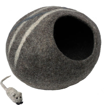 100% Wool Felt Cat Cave Bed in Nepal with Free Mouse Toy Included (Gray Stripe)