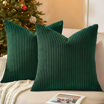 Soft Corduroy Throw Pillow Covers 18x18 Set of 2 Christmas Green