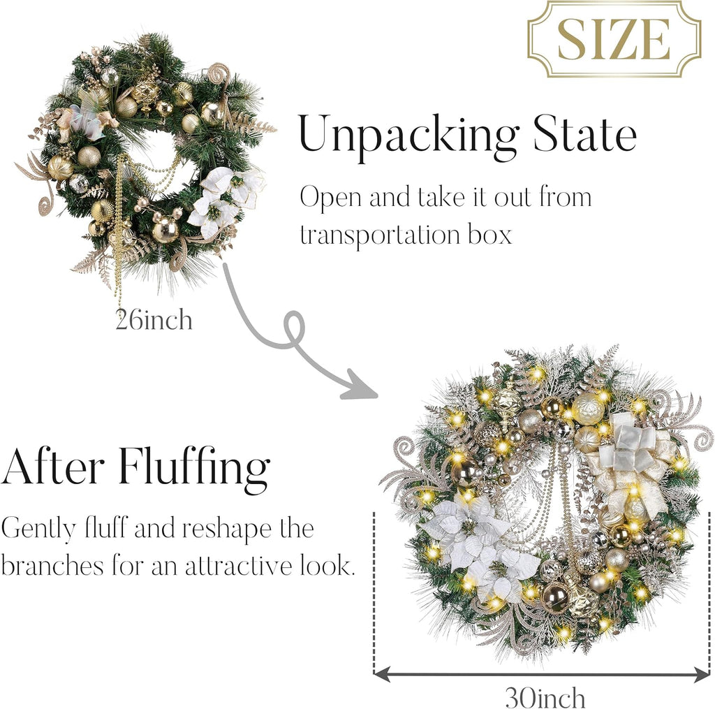 30'' Pre-Lit Christmas Wreath for Front Door with Light, Large Lighted Outdoor Christmas Wreath with White Gold Xmas