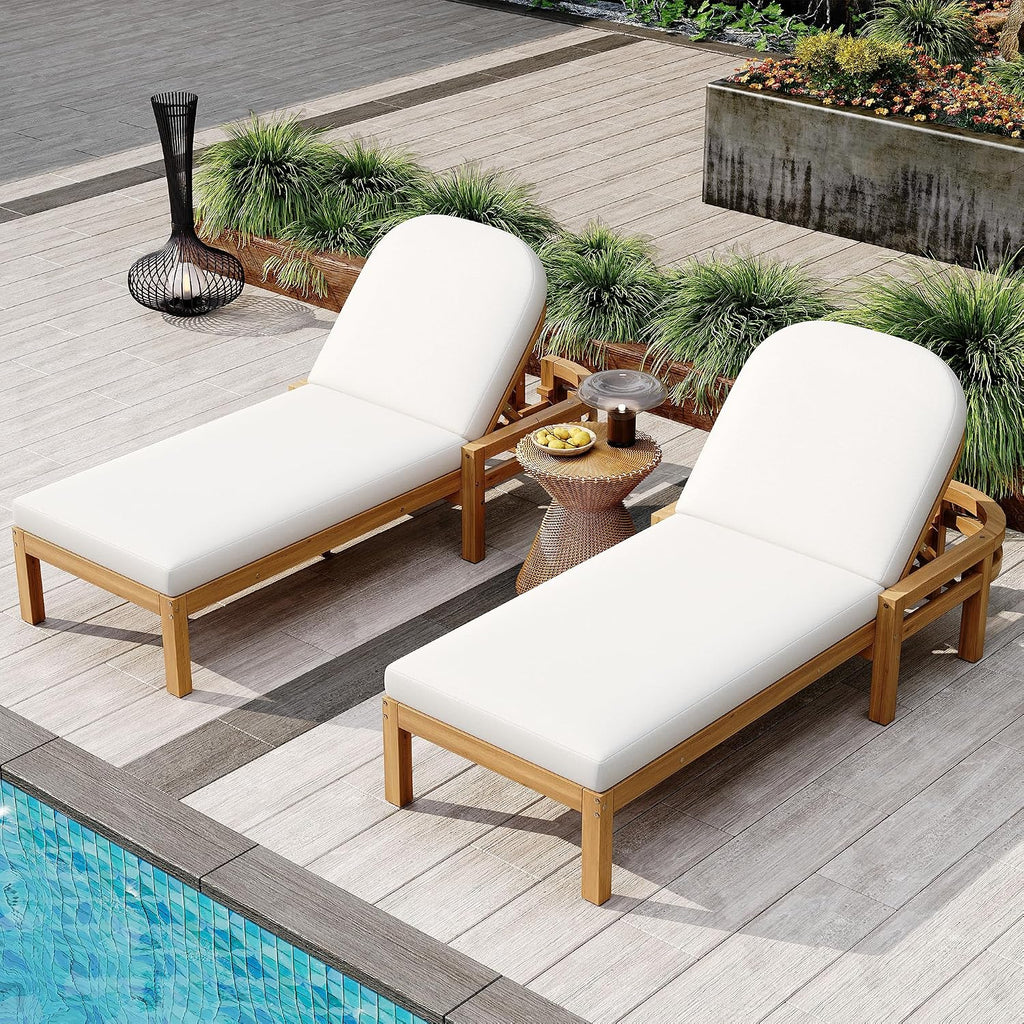 Acacia Wood Outdoor Chaise Lounge Set of 2, 5-Position Adjustable Patio Recliner with Arched Backrest & Thick