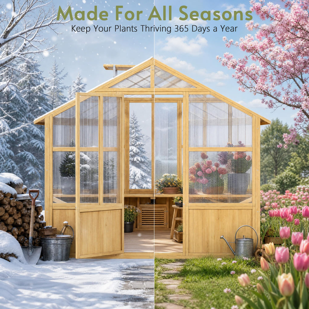 7x8Ft Wooden Greenhouse, 9mm PC Panel Greenhouses for Outdoors