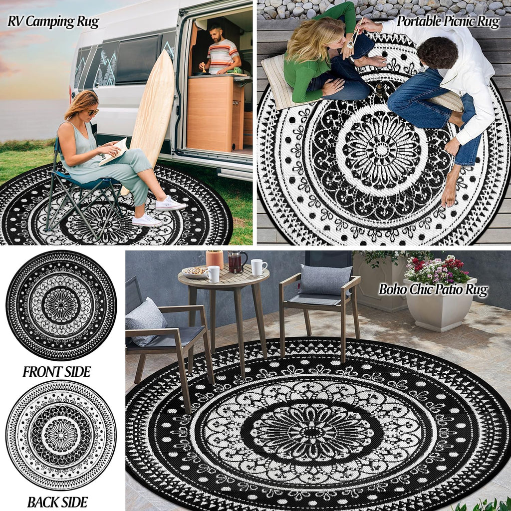 Reversible Outdoor Rugs 6Ft Round Patio Rugs Lightweight Plastic Straw Rug Waterproof RV Camping Mat Portable Area