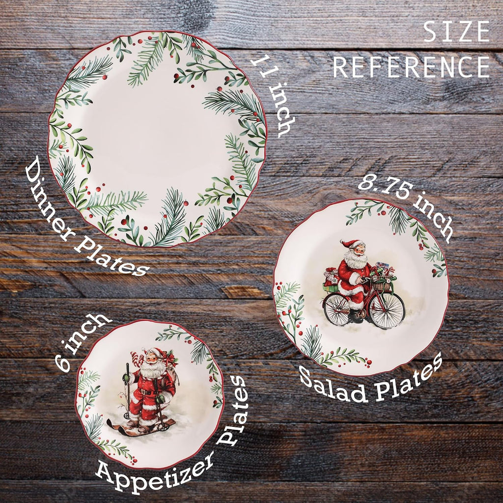 Santa On The Way Wreath Scalloped Dinner Plates Set of 4, 11 Inch Large Ceramic Plates for Pasta, Steak, Stylish