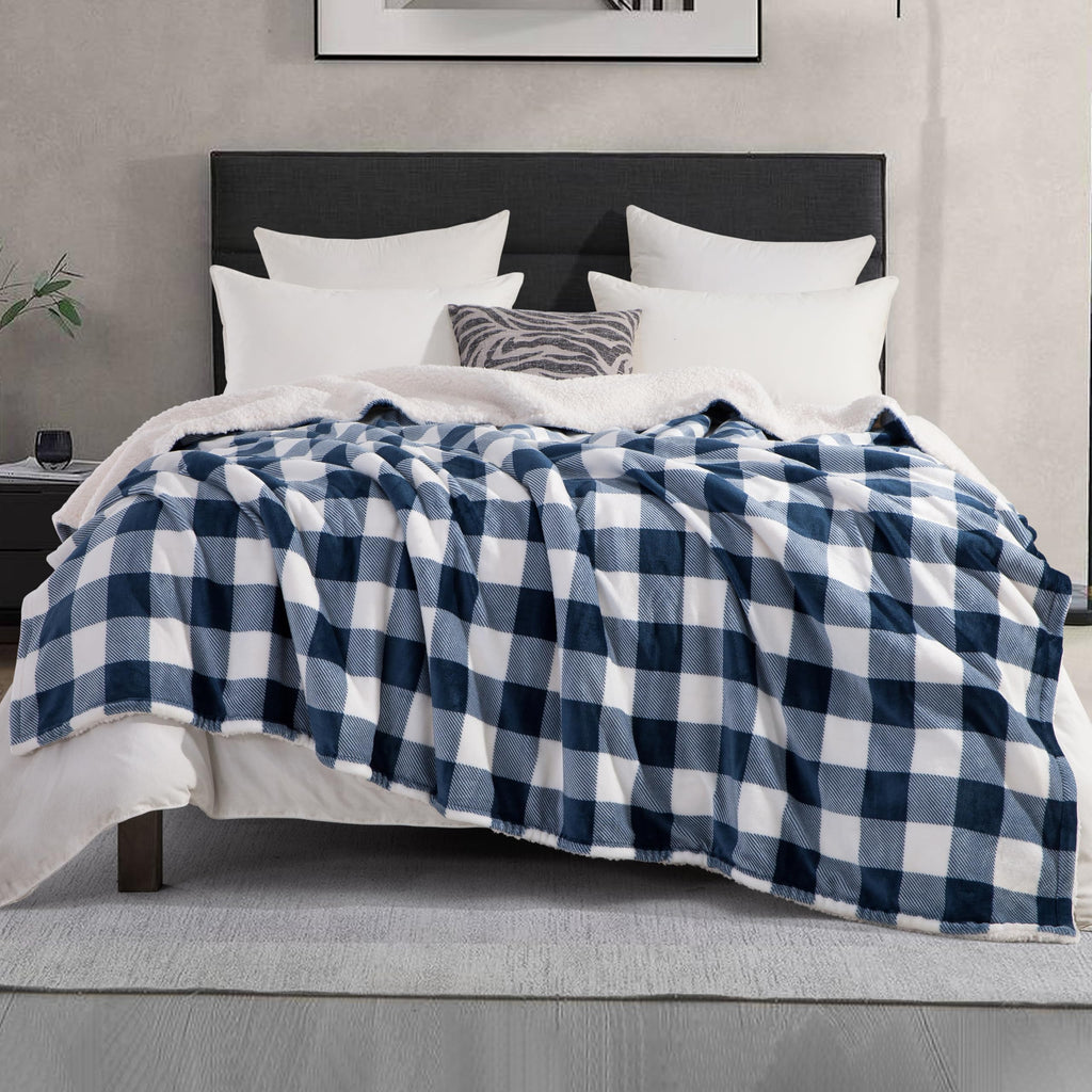 Ultra Soft Reversible Buffalo Plaid Flannel Sherpa Blanket - Cozy Silky Checkered Fleece Throw for Couch, Bed - Plush