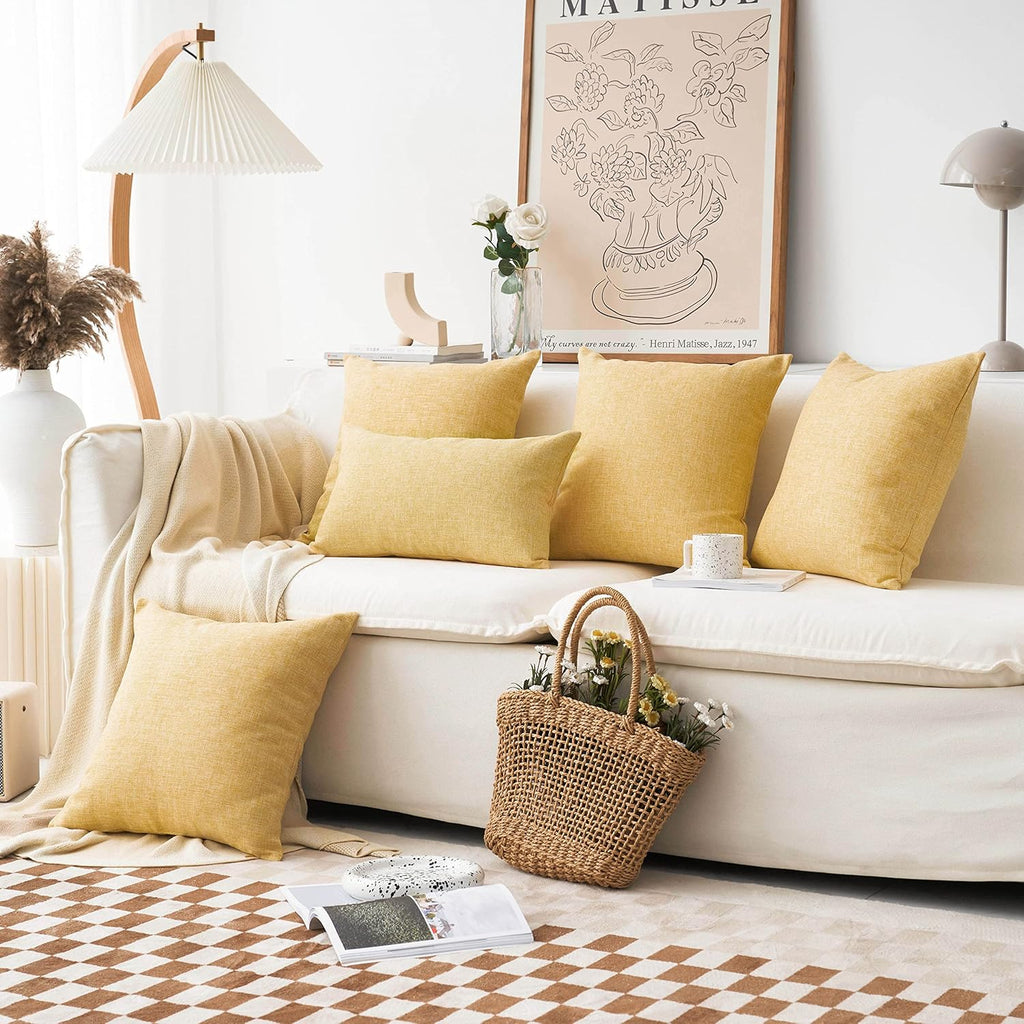 Yellow 20x20 Pillow Cover Textured Linen Throw Pillows, 50cm, 20 Inch, Yellow