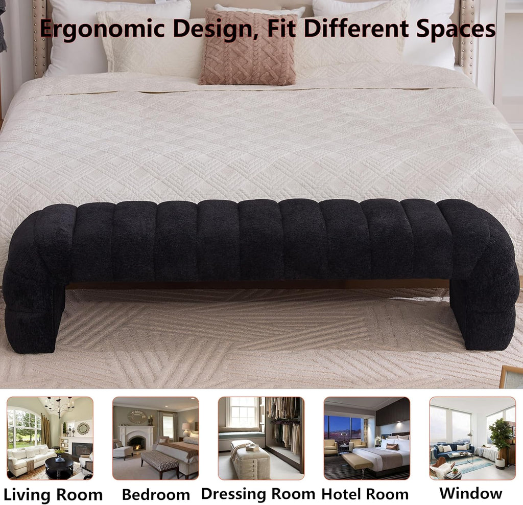 Arched Ottoman Bench Living Room,69.7" Chenille Long Benches for Bed End King Size,Modern Channel Tufted Seating