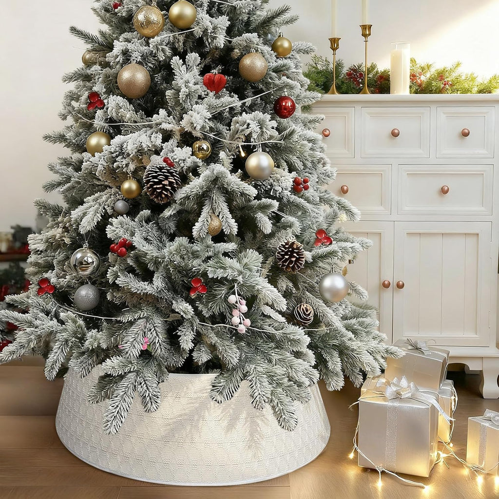 28 Inch Knit Christmas Tree Skirt, Cream White Boho Christmas Tree Collar