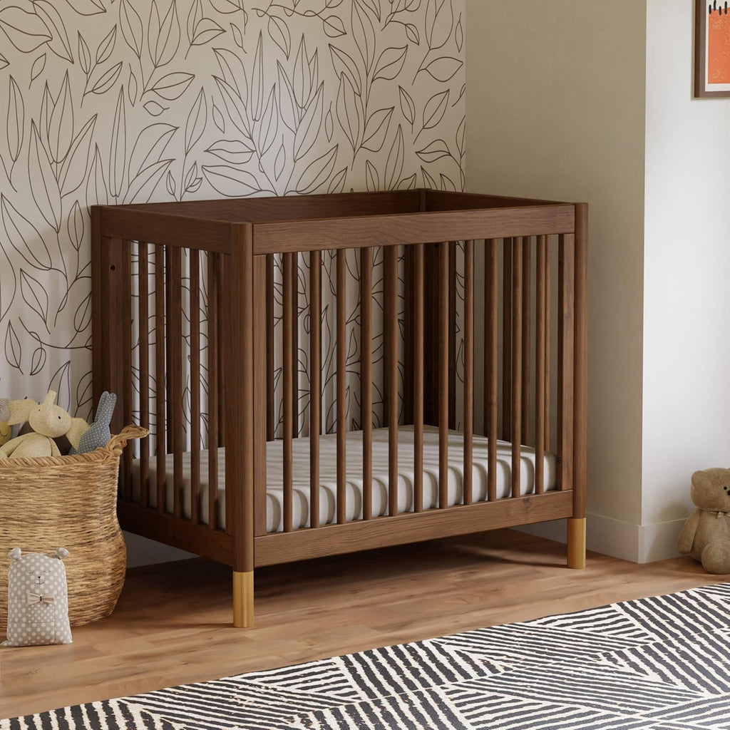 Gelato 4-in-1 Mini Crib, Natural Walnut and Brushed Gold Feet | GREENGUARD Gold Certified, Converts to Toddler Bed