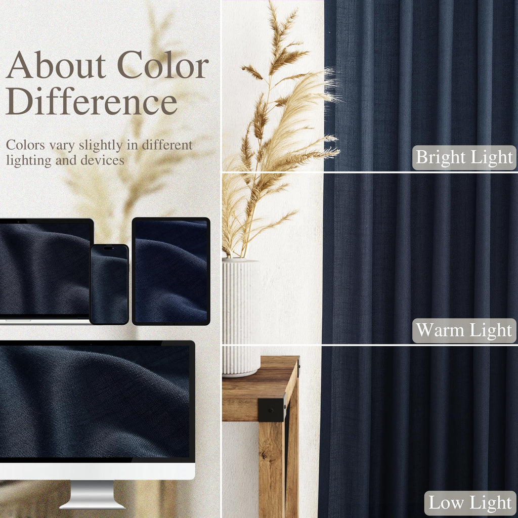 Navy Blue Boho Curtains Back Tab Rod Pocket Semi Sheer Linen Curtains 90 Inches Long 2 Panel Set Light Filtering