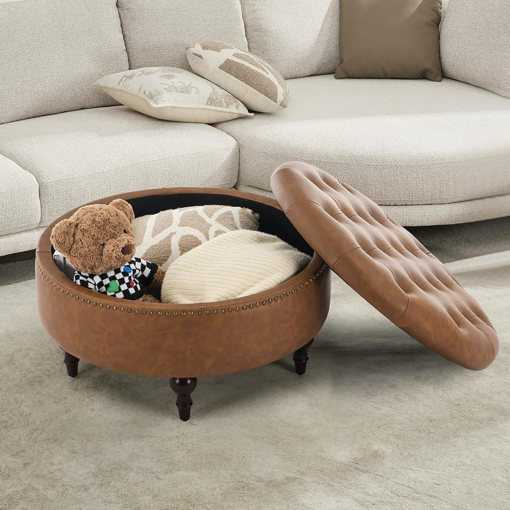 31.5" Large Round Storage Ottoman, Upholstered PU Ottoman Coffee Table | Large Ottoman with Solid Wooden Legs and