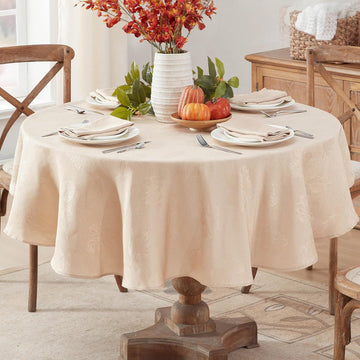 Taupe Tremont Leaf Damask Round Fabric Spring Lodge Tablecloth, 70 Inch, Elegant Holiday Swirling Le