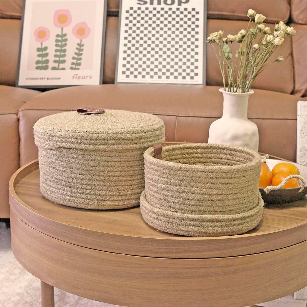Set of 2 Round Jute Rope Storage Baskets with Lids -Leather Handles- Decorative Woven Organizer Bin, Small Basket