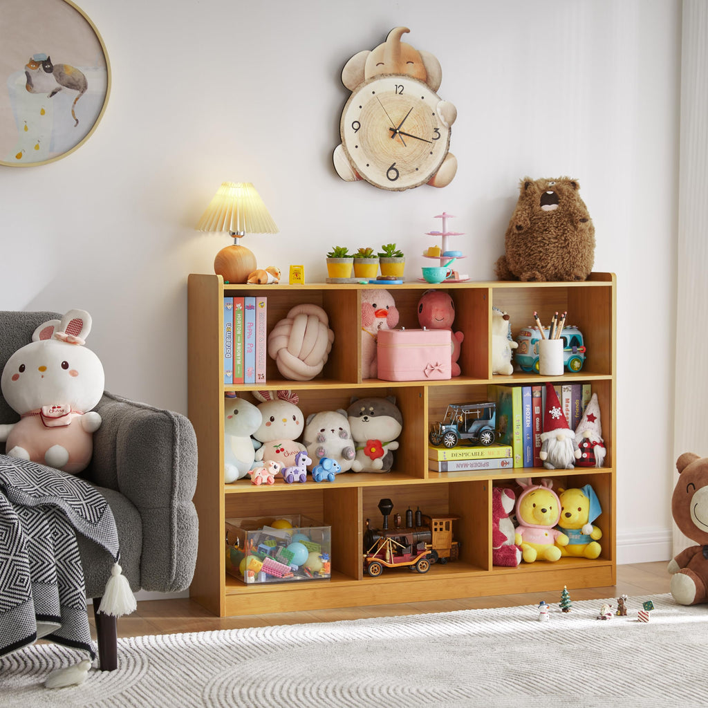 3-Tier Bookshelf, 8-Section Wooden Bookcase, Storage Organizer with Anti-Tilt Device, Modern Storage Display Cabinet