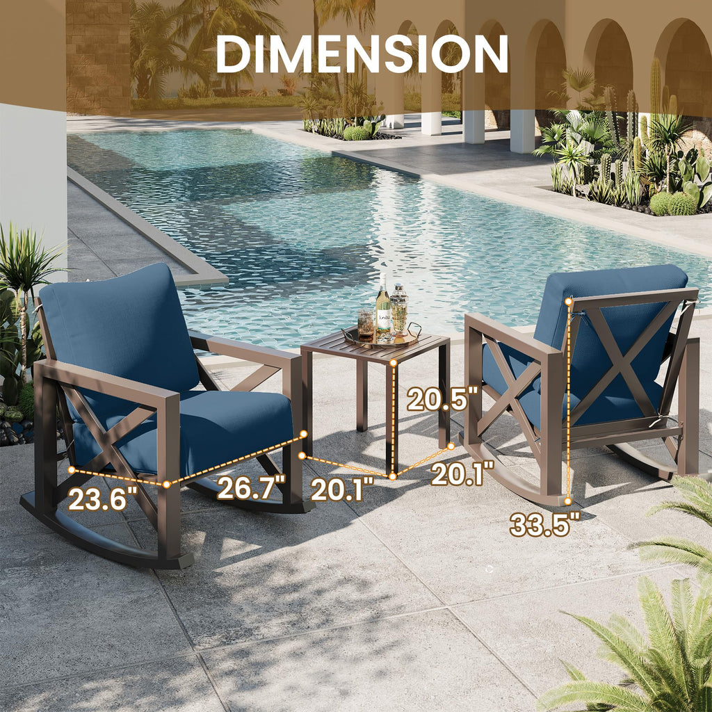 Rocking Chair Outdoor Oversized Metal Bistro Set 6.5" Cushion Navy