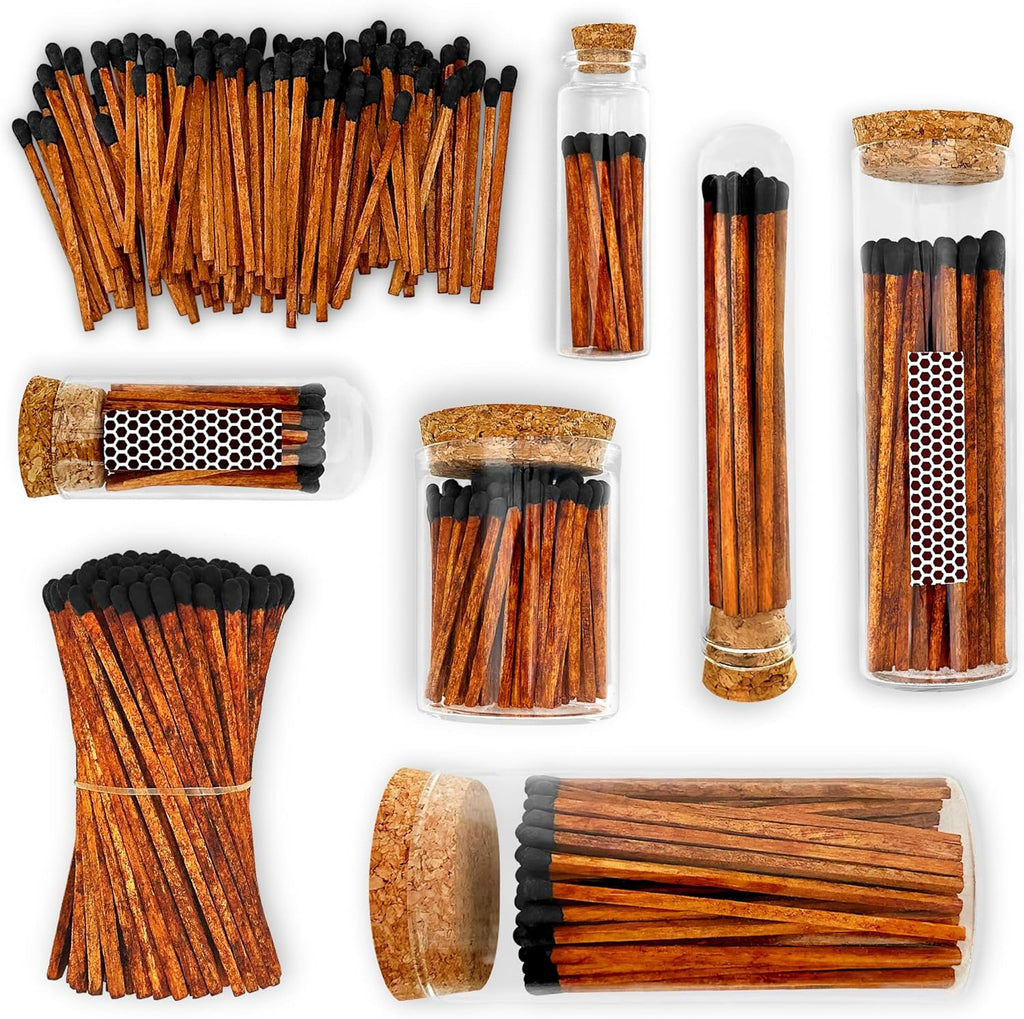 2" Espresso Matches in 3 Mini Cloche Jars + Striker Stickers Included | 100 Brown Stick Black Tip Decorative Matches