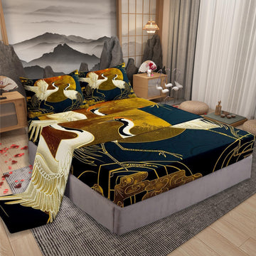 Japanese Crane Bed Sheet King Size, Gold Sun Cloud Stripes Bedding Set 4Pcs, Retro Ukiyoe Bamboo Leaf Print Fitted