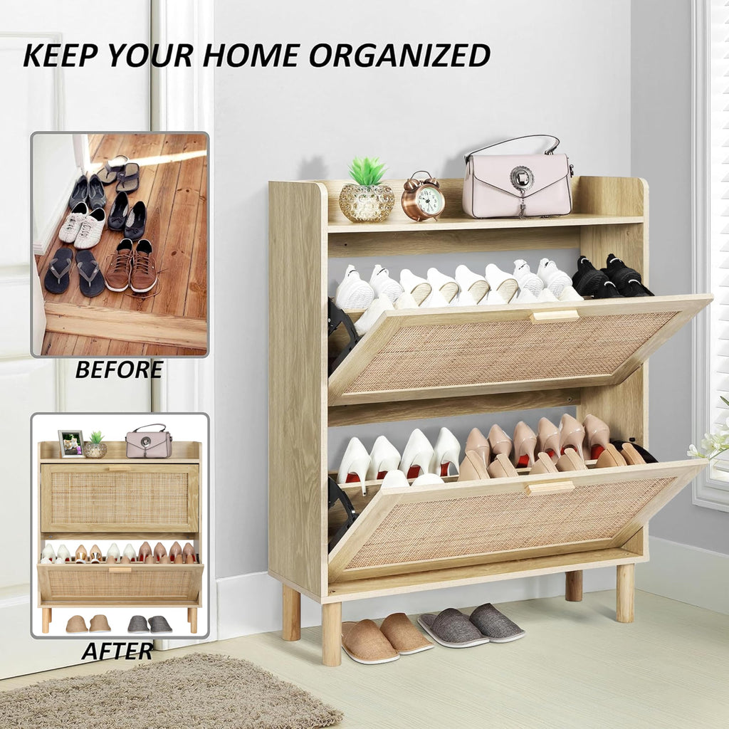Extended Edition Shoe Cabinet with Natural Rattan Flip Drawers, Free Standing 2 Tier Slim Shoe Organizer with Large