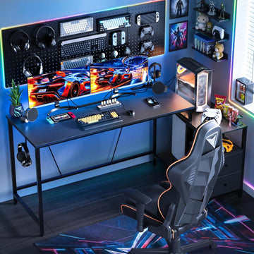 60" Reversible Computer Desk Carbon Fiber Texture Includes Storage Drawers Power Outlet and LED Lights Gaming Desk